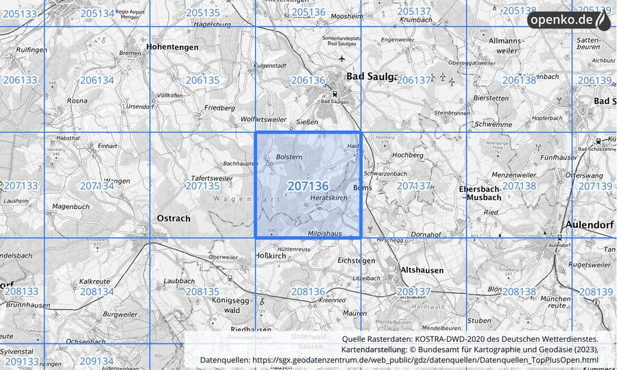 Übersichtskarte des KOSTRA-DWD-2020-Rasterfeldes Nr. 207136
