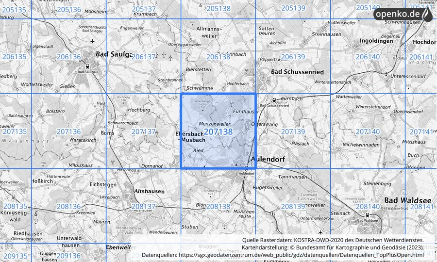 Übersichtskarte des KOSTRA-DWD-2020-Rasterfeldes Nr. 207138