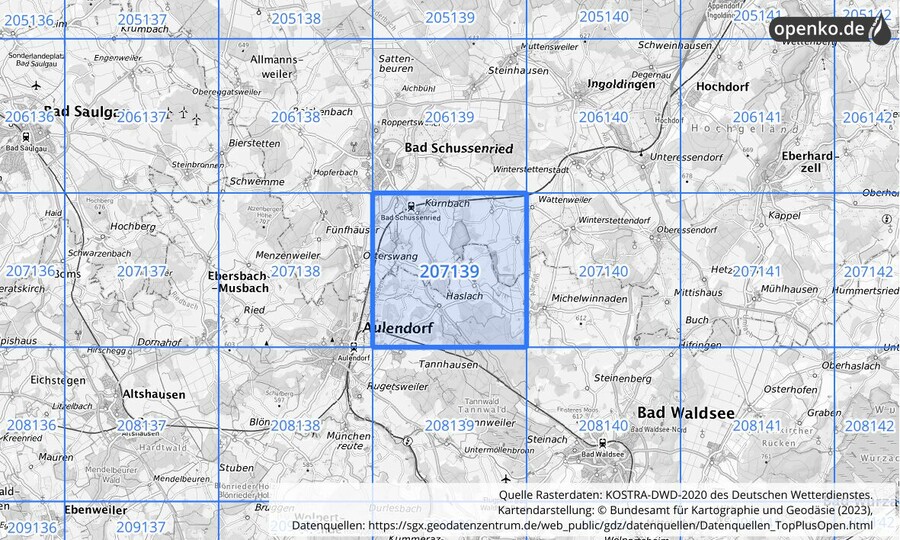 Übersichtskarte des KOSTRA-DWD-2020-Rasterfeldes Nr. 207139