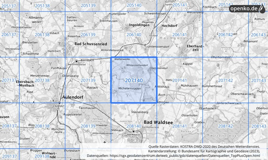 Übersichtskarte des KOSTRA-DWD-2020-Rasterfeldes Nr. 207140
