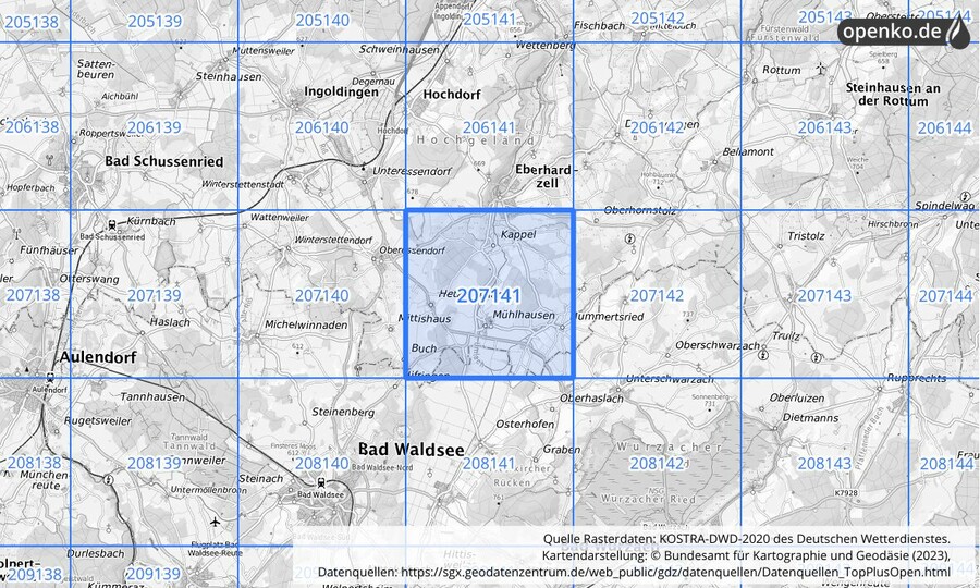 Übersichtskarte des KOSTRA-DWD-2020-Rasterfeldes Nr. 207141