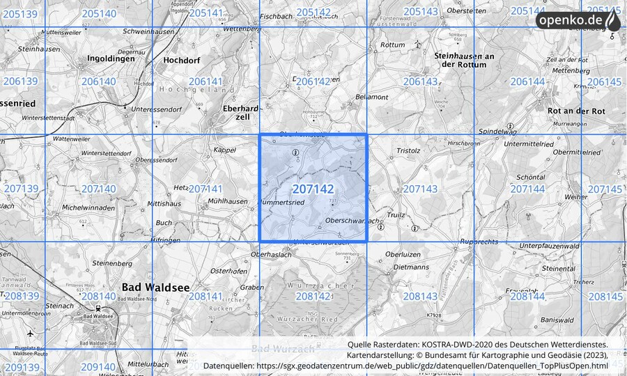 Übersichtskarte des KOSTRA-DWD-2020-Rasterfeldes Nr. 207142