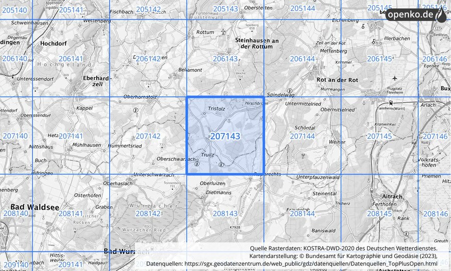 Übersichtskarte des KOSTRA-DWD-2020-Rasterfeldes Nr. 207143