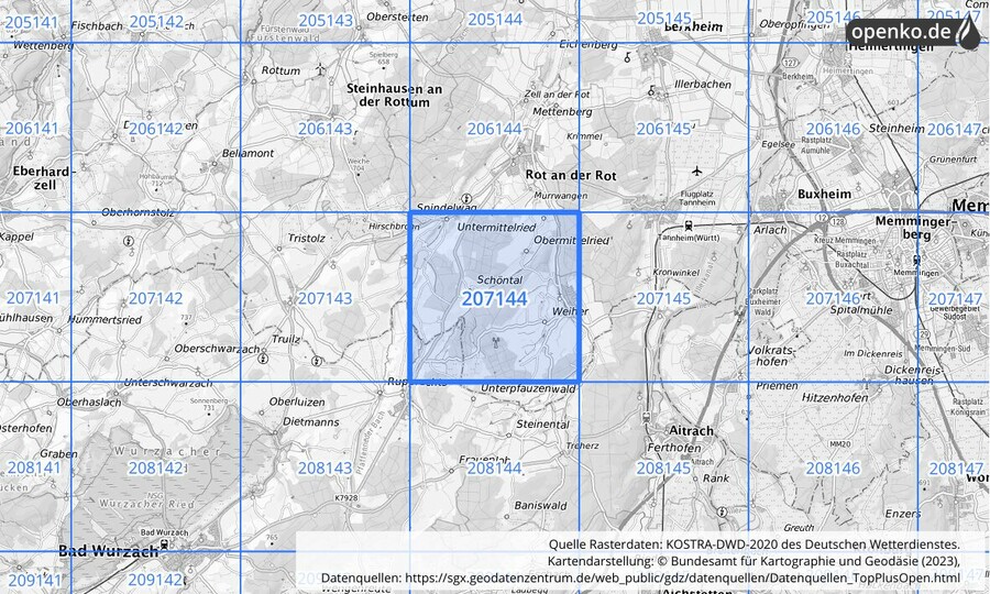 Übersichtskarte des KOSTRA-DWD-2020-Rasterfeldes Nr. 207144