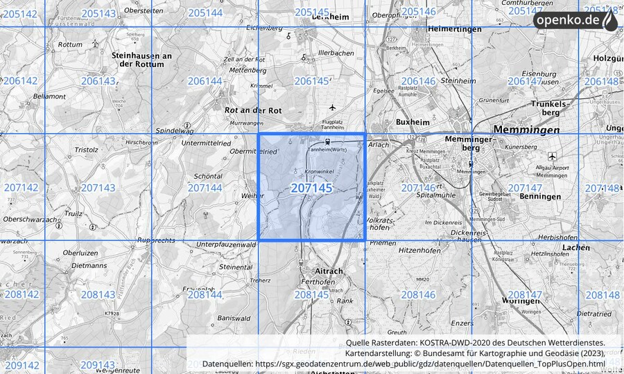 Übersichtskarte des KOSTRA-DWD-2020-Rasterfeldes Nr. 207145