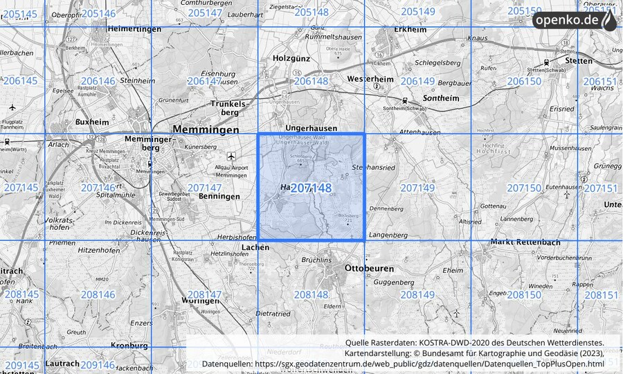 Übersichtskarte des KOSTRA-DWD-2020-Rasterfeldes Nr. 207148
