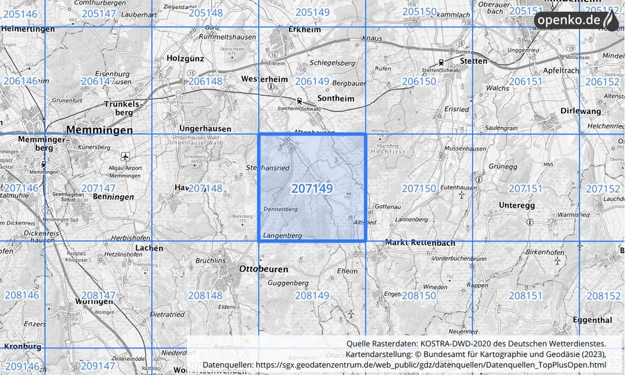Übersichtskarte des KOSTRA-DWD-2020-Rasterfeldes Nr. 207149