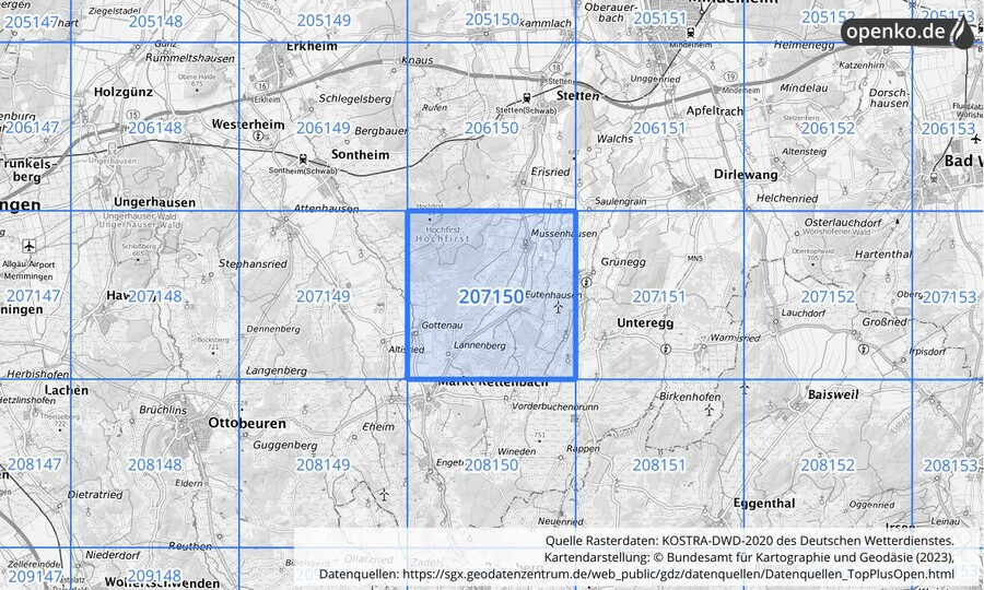 Übersichtskarte des KOSTRA-DWD-2020-Rasterfeldes Nr. 207150