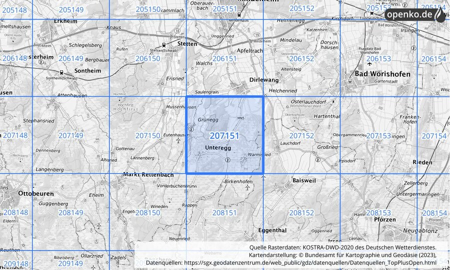 Übersichtskarte des KOSTRA-DWD-2020-Rasterfeldes Nr. 207151