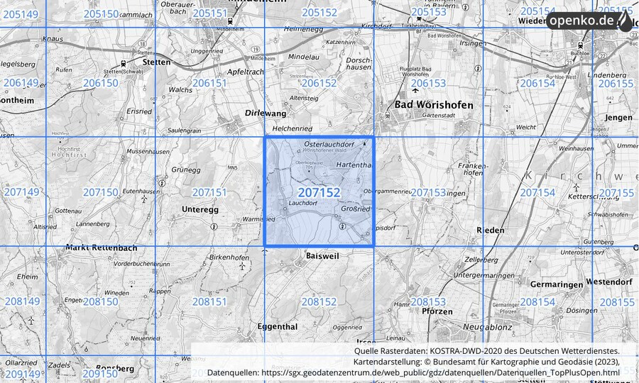 Übersichtskarte des KOSTRA-DWD-2020-Rasterfeldes Nr. 207152