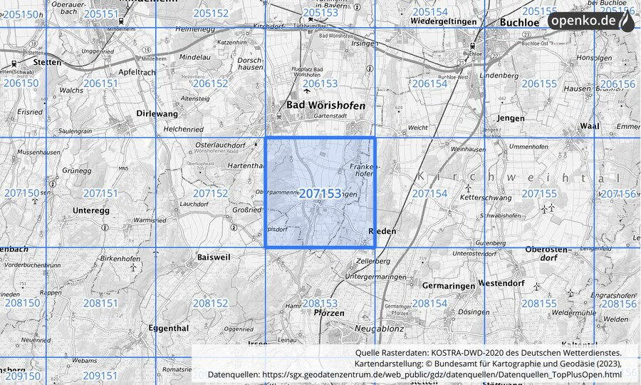 Übersichtskarte des KOSTRA-DWD-2020-Rasterfeldes Nr. 207153