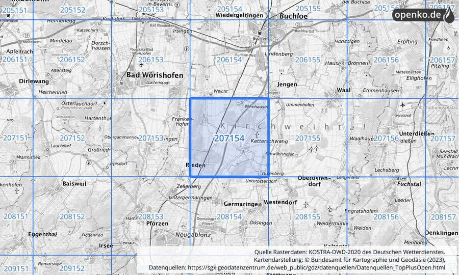 Übersichtskarte des KOSTRA-DWD-2020-Rasterfeldes Nr. 207154