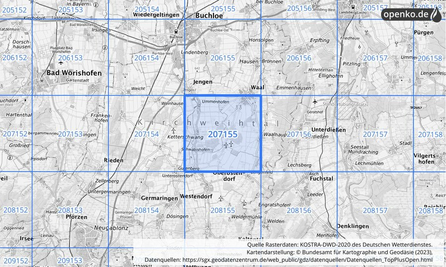 Übersichtskarte des KOSTRA-DWD-2020-Rasterfeldes Nr. 207155