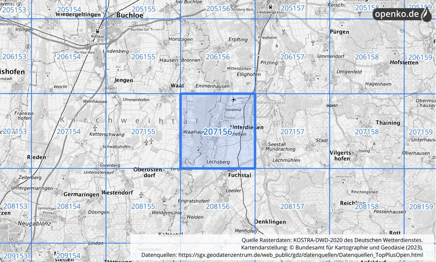 Übersichtskarte des KOSTRA-DWD-2020-Rasterfeldes Nr. 207156