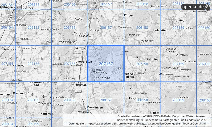 Übersichtskarte des KOSTRA-DWD-2020-Rasterfeldes Nr. 207157