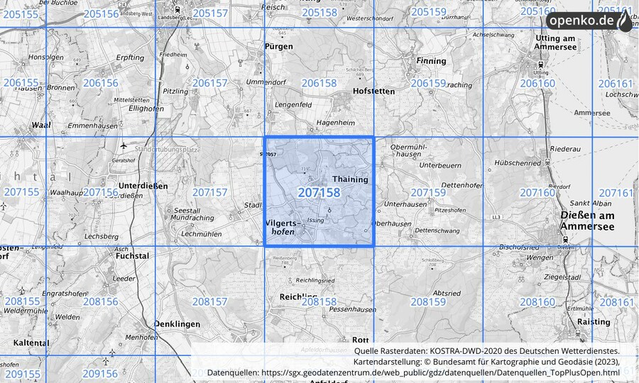 Übersichtskarte des KOSTRA-DWD-2020-Rasterfeldes Nr. 207158