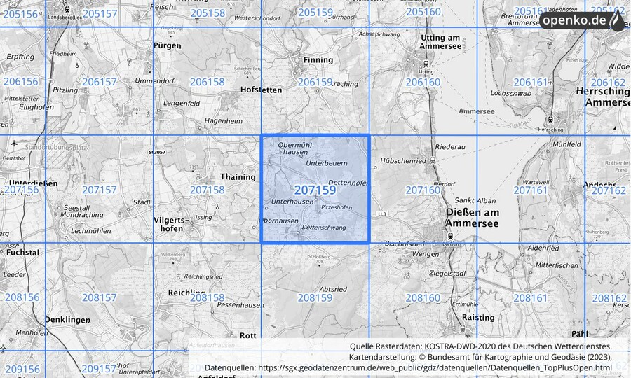 Übersichtskarte des KOSTRA-DWD-2020-Rasterfeldes Nr. 207159