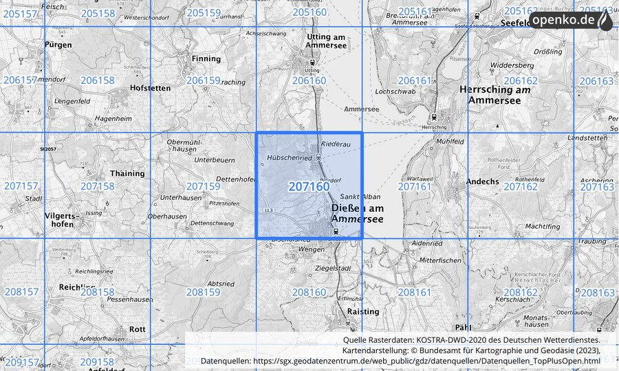 Übersichtskarte des KOSTRA-DWD-2020-Rasterfeldes Nr. 207160