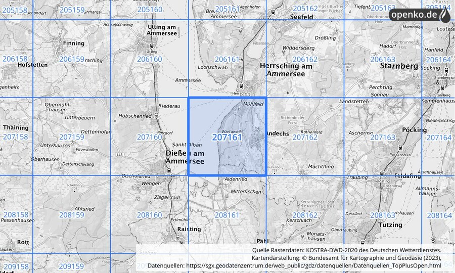 Übersichtskarte des KOSTRA-DWD-2020-Rasterfeldes Nr. 207161