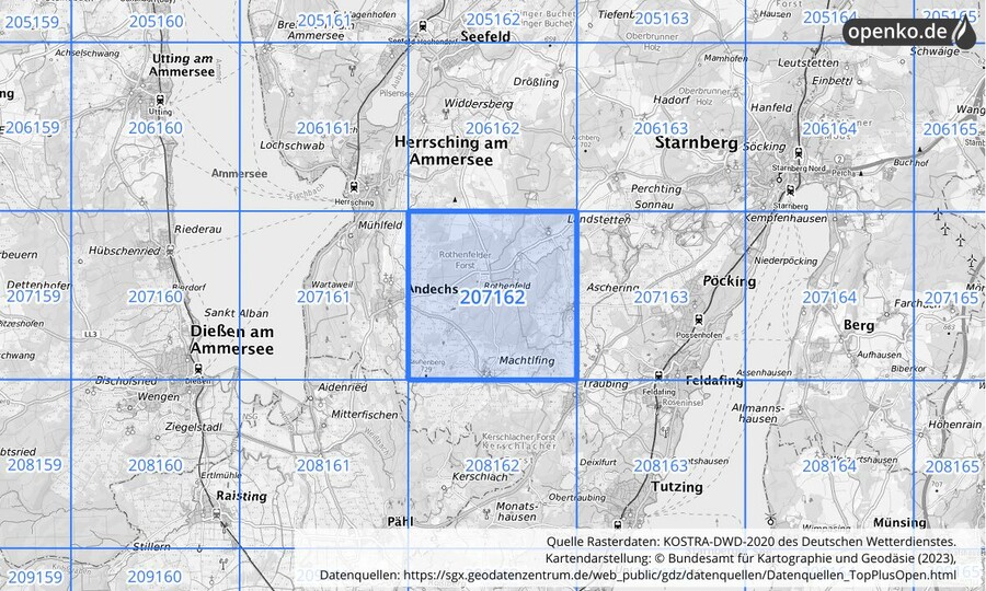 Übersichtskarte des KOSTRA-DWD-2020-Rasterfeldes Nr. 207162