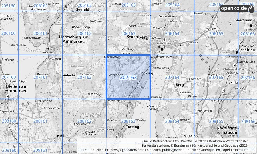 Übersichtskarte des KOSTRA-DWD-2020-Rasterfeldes Nr. 207163