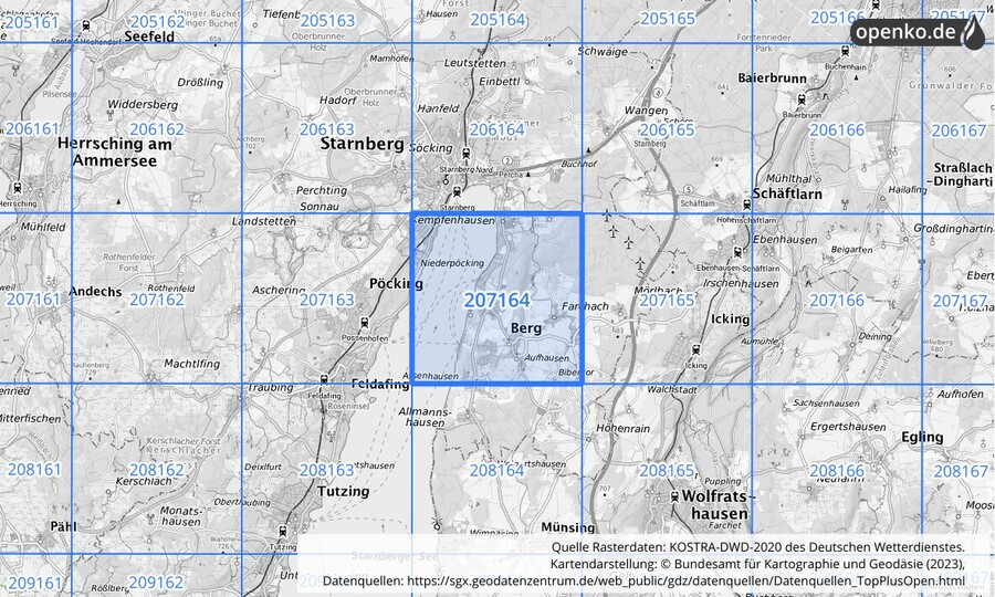 Übersichtskarte des KOSTRA-DWD-2020-Rasterfeldes Nr. 207164