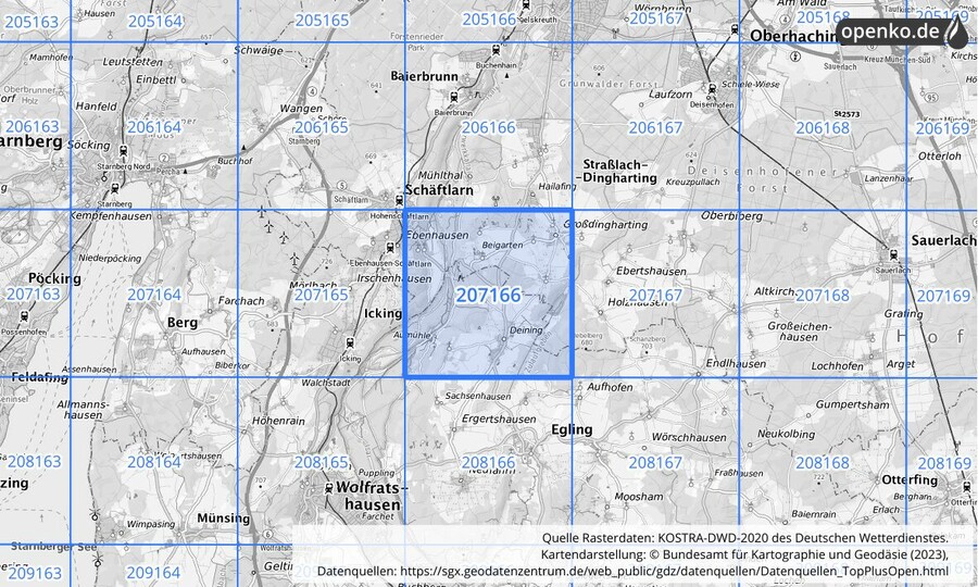 Übersichtskarte des KOSTRA-DWD-2020-Rasterfeldes Nr. 207166