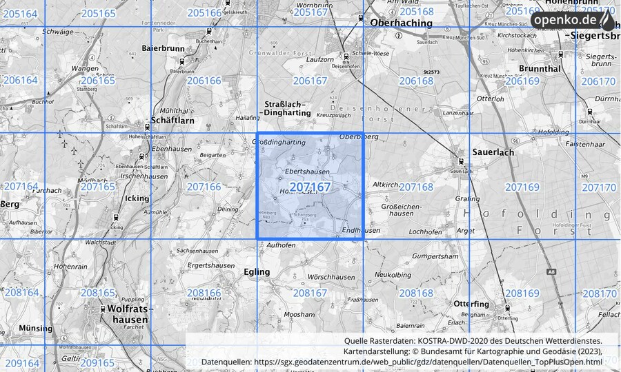 Übersichtskarte des KOSTRA-DWD-2020-Rasterfeldes Nr. 207167