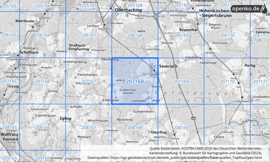 Übersichtskarte des KOSTRA-DWD-2020-Rasterfeldes Nr. 207168