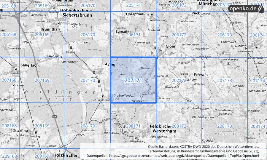 Übersichtskarte des KOSTRA-DWD-2020-Rasterfeldes Nr. 207171