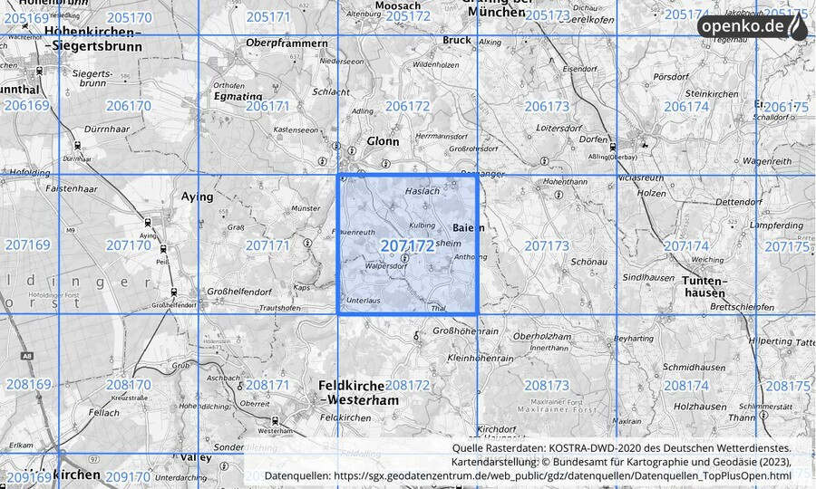 Übersichtskarte des KOSTRA-DWD-2020-Rasterfeldes Nr. 207172