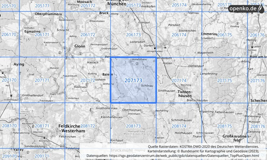 Übersichtskarte des KOSTRA-DWD-2020-Rasterfeldes Nr. 207173