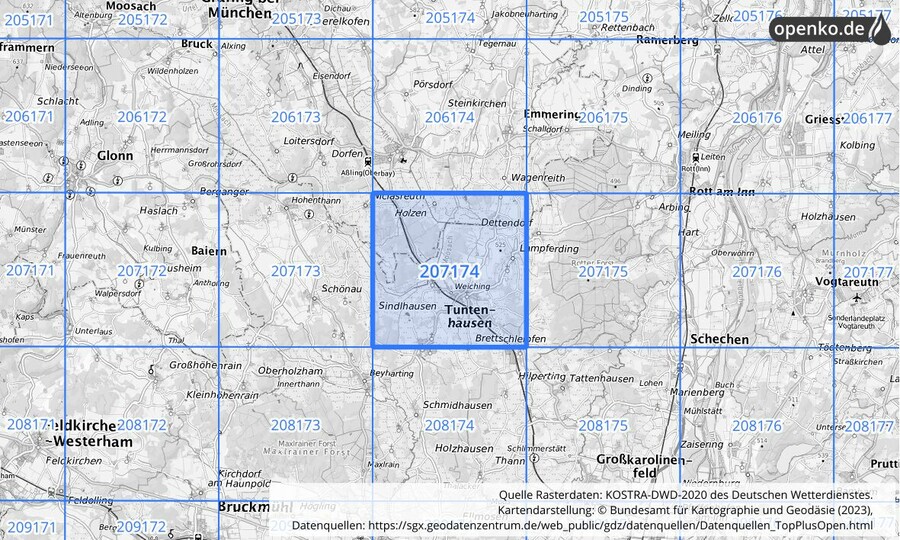 Übersichtskarte des KOSTRA-DWD-2020-Rasterfeldes Nr. 207174