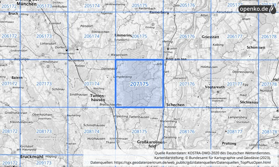 Übersichtskarte des KOSTRA-DWD-2020-Rasterfeldes Nr. 207175