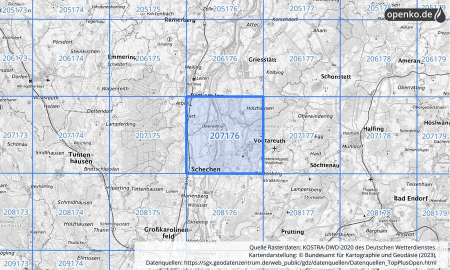 Übersichtskarte des KOSTRA-DWD-2020-Rasterfeldes Nr. 207176