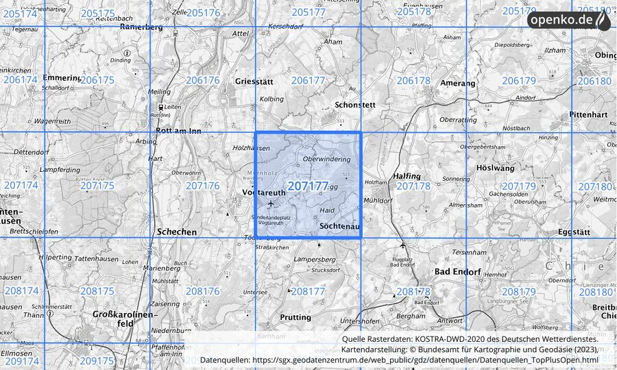 Übersichtskarte des KOSTRA-DWD-2020-Rasterfeldes Nr. 207177