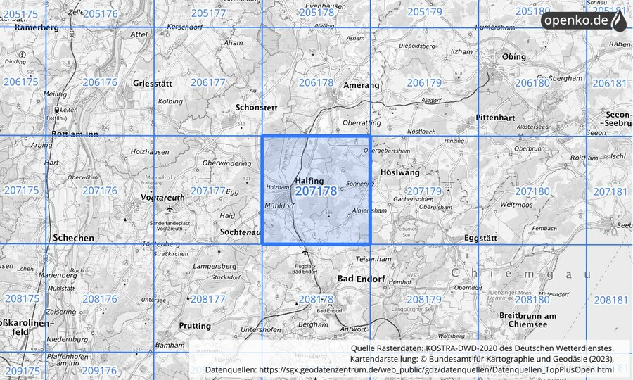 Übersichtskarte des KOSTRA-DWD-2020-Rasterfeldes Nr. 207178