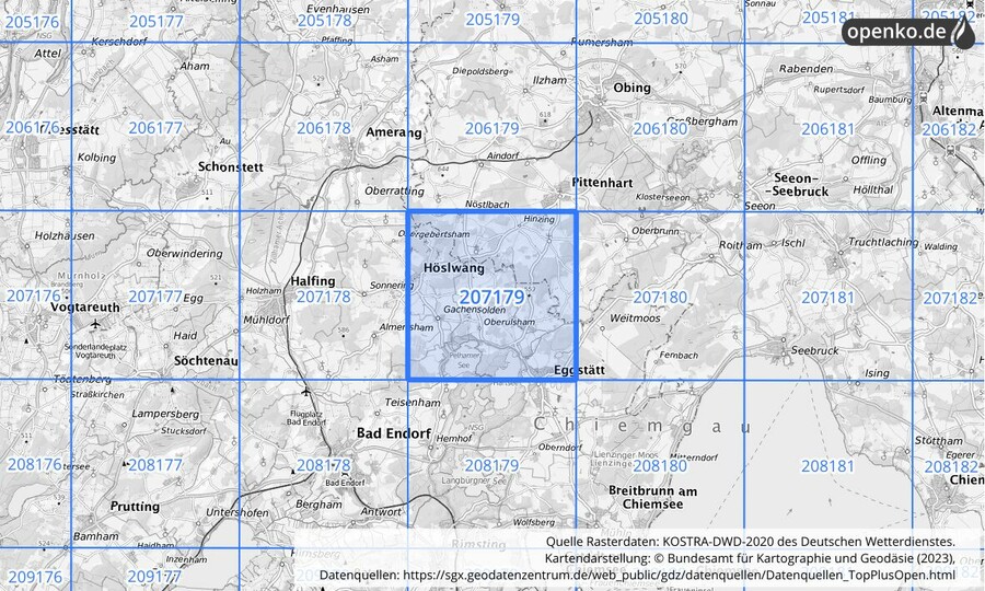 Übersichtskarte des KOSTRA-DWD-2020-Rasterfeldes Nr. 207179