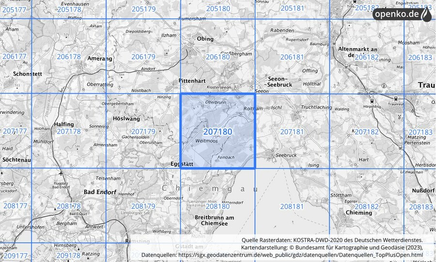 Übersichtskarte des KOSTRA-DWD-2020-Rasterfeldes Nr. 207180