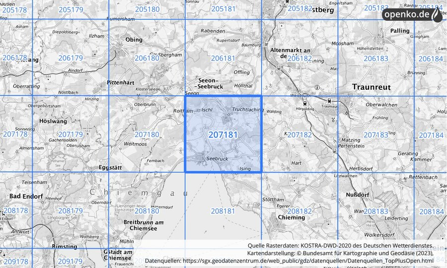 Übersichtskarte des KOSTRA-DWD-2020-Rasterfeldes Nr. 207181