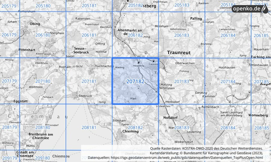 Übersichtskarte des KOSTRA-DWD-2020-Rasterfeldes Nr. 207182