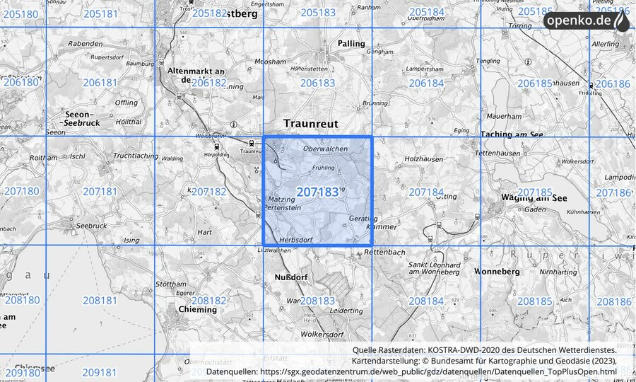 Übersichtskarte des KOSTRA-DWD-2020-Rasterfeldes Nr. 207183