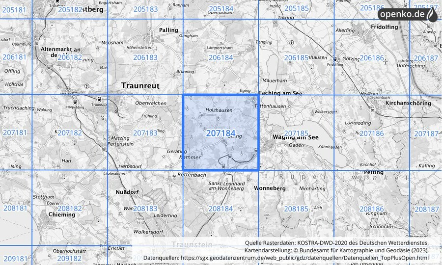 Übersichtskarte des KOSTRA-DWD-2020-Rasterfeldes Nr. 207184