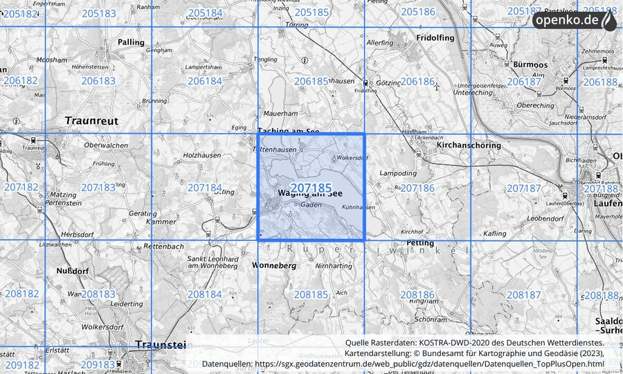 Übersichtskarte des KOSTRA-DWD-2020-Rasterfeldes Nr. 207185