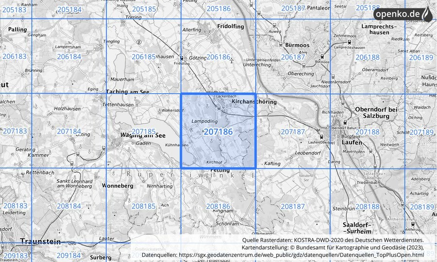Übersichtskarte des KOSTRA-DWD-2020-Rasterfeldes Nr. 207186