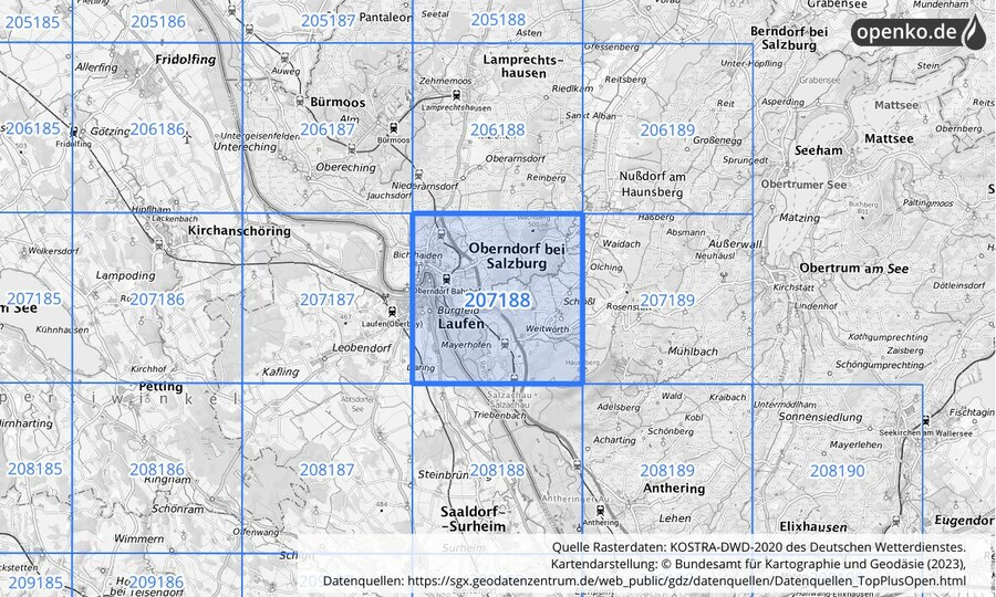 Übersichtskarte des KOSTRA-DWD-2020-Rasterfeldes Nr. 207188