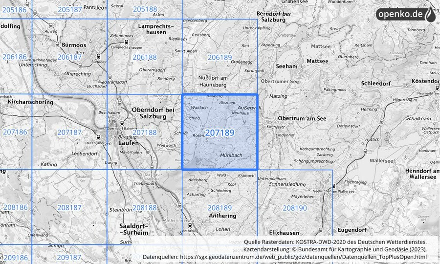 Übersichtskarte des KOSTRA-DWD-2020-Rasterfeldes Nr. 207189