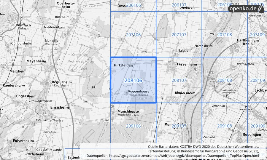 Übersichtskarte des KOSTRA-DWD-2020-Rasterfeldes Nr. 208106