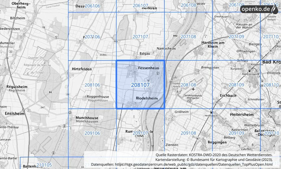 Übersichtskarte des KOSTRA-DWD-2020-Rasterfeldes Nr. 208107