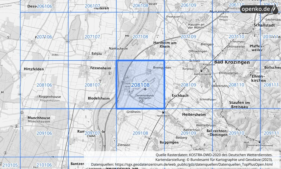 Übersichtskarte des KOSTRA-DWD-2020-Rasterfeldes Nr. 208108